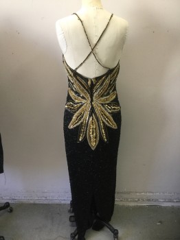 Womens, Evening Gown, JAGSWEAR, Black, Gold, Silver, Silk, Rayon, W28, B36, Bugle Beads, Sequins, Round Beads, Pattern Bursting From Chest, Spaghetti Straps, Center Back Zipper, Slit for Walking