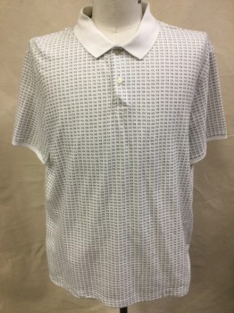 DKNY, White, Lt Gray, Black, Cotton, Polyester, Geometric, Short Sleeves, 2 Buttons,