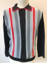 ENRICO FELLINI, Black, Gray, Red, Polyester, Stripes - Vertical , Knit, Cardigan, Long Sleeves, Collar Attached, Front is Gray and Red Stripes, Sleeves, Collar Attached, and Back are Solid Black,