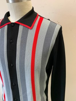 ENRICO FELLINI, Black, Gray, Red, Polyester, Stripes - Vertical , Knit, Cardigan, Long Sleeves, Collar Attached, Front is Gray and Red Stripes, Sleeves, Collar Attached, and Back are Solid Black,