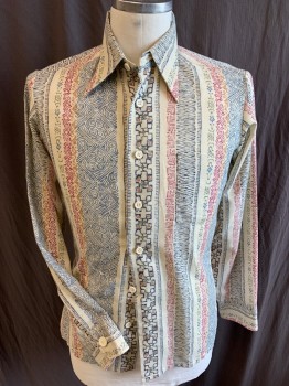 FOX 46, Beige, Navy Blue, Red Burgundy, Brown, Olive Green, Linen, Polyester, Diamonds, Abstract , Beige with Faded Navy/burgundy/brown/olive Vertical Diamond/abstract Print, Collar Attached, Button Front, 1 Pocket, Long Sleeves,