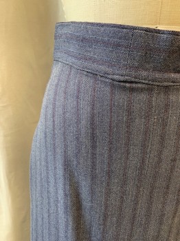 Womens, 1940s Vintage, Suit, Skirt, BERMAN'S, Blue-Gray, Gray, Dk Red, Wool, Stripes, Birds Eye Weave, H 36, W 26, 2" Waistband, Center Back and Center Front Pleats, Zip Back, Calf Length,