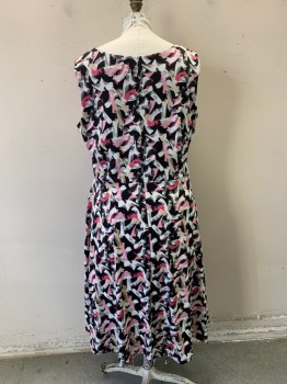 PERCEPTIONS, Pink, White, Black, Beige, Polyester, Spandex, Geometric, Scoop Neck, Solid Black Gathered Front Waistband, Stretch, Hem Below Knee