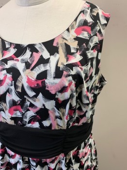 PERCEPTIONS, Pink, White, Black, Beige, Polyester, Spandex, Geometric, Scoop Neck, Solid Black Gathered Front Waistband, Stretch, Hem Below Knee