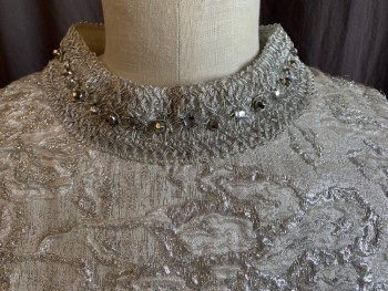 N/L, Silver, Polyester, Abstract , Matelasse, 1-3/4" Braided Silver Ribbon with Metal & Rhinestones Work on Crew Neck and 3/4 Sleeves Trim, Flare Bottom, Zip Back, ( Hem:  Let Out Seam Creased)