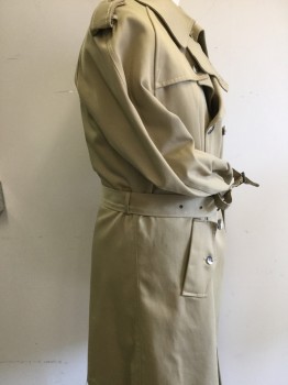 Mens, Coat, Trenchcoat, N/L, Khaki Brown, Polyester, Solid, 44, Double Breasted, Collar Attached, 2 Pockets, Epaulets, Neck Flap, Gun Flap, with Belt, *Coat is Has Stains Inside & Out...