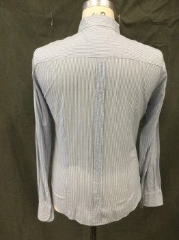 BAND OF OUTSIDERS, Lt Blue, White, Charcoal Gray, Cotton, Stripes, Button Front, Collar Attached, Button Down Collar, 1 Pocket, Long Sleeves, Button Cuff