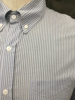 BAND OF OUTSIDERS, Lt Blue, White, Charcoal Gray, Cotton, Stripes, Button Front, Collar Attached, Button Down Collar, 1 Pocket, Long Sleeves, Button Cuff