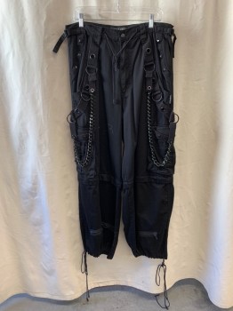 Womens, Pants, TRIPP, Black, Cotton, 34/24, Punk-Rock Pants, Drawstring, Side Pockets, Cargo Pockets, Multiples Straps with Buckles, Grommets, & Studs, 2 Large Black Chains, Zippers Details on Back