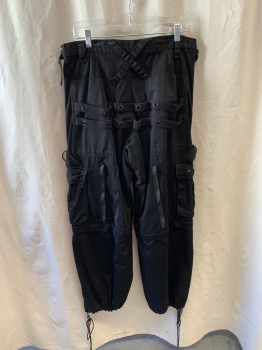 Womens, Pants, TRIPP, Black, Cotton, 34/24, Punk-Rock Pants, Drawstring, Side Pockets, Cargo Pockets, Multiples Straps with Buckles, Grommets, & Studs, 2 Large Black Chains, Zippers Details on Back