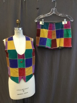 Womens, 1990s Vintage, Piece 1, RIAZ, Teal Green, Purple, Mustard Yellow, Maroon Red, Red, Suede, Color Blocking, B:34, M, W:28, VEST: Tan Zig-zag Top Stitches, Scoop Neck, 4 Red Suede Cover Snap Button, Solid Shimmer Brass Lining & Back with Short Belt & Buckle, with Matching Shorts