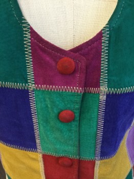 Womens, 1990s Vintage, Piece 1, RIAZ, Teal Green, Purple, Mustard Yellow, Maroon Red, Red, Suede, Color Blocking, B:34, M, W:28, VEST: Tan Zig-zag Top Stitches, Scoop Neck, 4 Red Suede Cover Snap Button, Solid Shimmer Brass Lining & Back with Short Belt & Buckle, with Matching Shorts