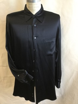 PERRY ELLIS, Black, Silk, Solid, Collar Attached, Button Front, 1 Pocket, Long Sleeves, Curved Hem