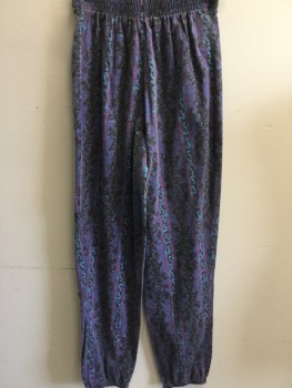 N/L, Faded Black, Purple, Orchid Purple, Turquoise Blue, Polyester, Cotton, Abstract , Stripes - Vertical , 2" Elastic Waist & Hem