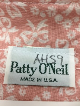 PATTY O'NEIL, Lt Pink, White, Rayon, Novelty Pattern, Bows and Flowers Pattern, Solid White Oversized Round Collar, Short Sleeves, Padded Shoulders, Shirtwaist with 4 Buttons, Self Ties at Neck, Elastic Waist, Mid Calf Length,