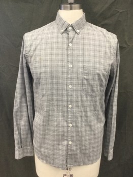 STEVEN ALAN, Gray, White, Navy Blue, Cotton, Plaid, Button Front, Collar Attached, Long Sleeves, Button Cuff, 1 Pocket, Button Down Collar **brown Stain on Right Chest**
