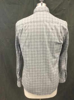 STEVEN ALAN, Gray, White, Navy Blue, Cotton, Plaid, Button Front, Collar Attached, Long Sleeves, Button Cuff, 1 Pocket, Button Down Collar **brown Stain on Right Chest**