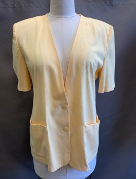 Womens, Blazer, NORTON MCNAUGHTON, Butter Yellow, Polyester, Rayon, Solid, B<42", Sz.12, Gauze, Short Sleeves, Big Shoulder Pads, V-neck, No Lapel, 2 Buttons,  2 Patch Pockets,