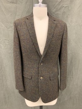 Mens, Sportcoat/Blazer, BROOKS BROTHERS, Green, Brown, Black, Wool, Tweed, 36S, Single Breasted, Collar Attached, Notched Lapel, 3 Pockets, 2 Buttons