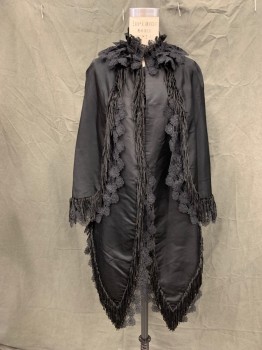 Womens, Cape 1890s-1910s, N/L, Black, Silk, Solid, N/S, Capelet Over Long Attached Vest, Lace and Fringe Trim, 3 Hook & Eye Front, Layered Lace Ruffle Collar, Pointed Hem Front, Pleated Horizontally Across Capelet Back, Pleated Vertically at Vest Back,