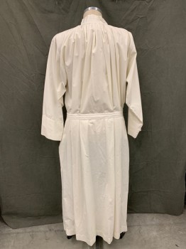 Unisex, Alb, BEAU VESTE, Off White, Cotton, Solid, M, Zip Front, Band Collar with Velcro Closure, Gathered at Neck, Side Seam Slits for Pocket Access, Floor Length Hem, Attached Self Front Belt with Velcro Closure, Pleated at Back Waistband