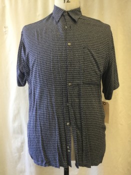 PIERRE CARDIN, Navy Blue, White, Rayon, Diamonds, Button Front, Collar Attached, 1 Pocket, Short Sleeves,