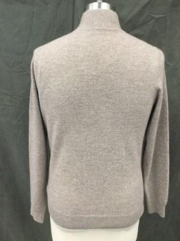 Mens, Pullover Sweater, SAKS FIFTH AVENUE, Lt Brown, Cashmere, Heathered, M, Pullover, 1/2 Zip Front, Stand Collar, Ribbed Knit Collar/Cuff/Waistband, Dark Brown Velvet Piping at Zipper Trim