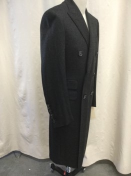 Mens, Coat, Overcoat, N/L, Charcoal Gray, Gray, Wool, Heathered, XS, 36, Notched Lapel, Double-Breasted Closure, 1 Chest Welt Pocket, 3 Flap Besom Pockets, Back Vent, Knee Length