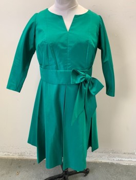 N/L, Emerald Green, Silk, Solid, Dupioni Silk, 3/4 Sleeves, Round Neck with V Notch at Center, Self Attached Wide Fabric Belt with Bow at Front Hip, Inverted Box Pleats on Skirt, Knee Length,