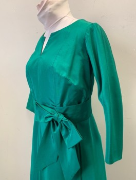N/L, Emerald Green, Silk, Solid, Dupioni Silk, 3/4 Sleeves, Round Neck with V Notch at Center, Self Attached Wide Fabric Belt with Bow at Front Hip, Inverted Box Pleats on Skirt, Knee Length,