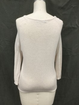 Womens, Pullover, M&S COLLECTION, Oatmeal Brown, Cotton, Solid, M, Scoop Neck, Chevron Punctured Knit Neck Detail, Raglan 3/4 Sleeves, Ribbed Knit Cuff/Waistband