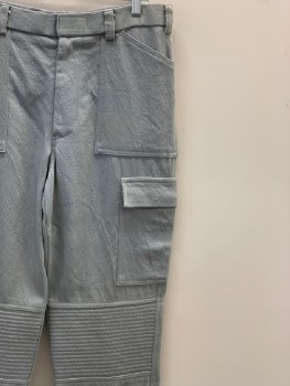 Mens, Sci-Fi/Fantasy Pants, NO LABEL, Silver, Polyester, Solid, 34/36, F.F, Zip Front, Cargo Pockets, Stitch Detail On Knees, Belt Loops, Made To Order