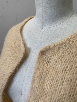 Womens, Sweater, N/L, Cream, Mohair, Solid, XS, Cardigan, Loose Open Knit, 3/4 Sleeves, Open At Front With No Closures