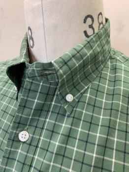 Mens, Casual Shirt, J.CREW, Dusty Green, White, Navy Blue, Cotton, Elastane, Plaid - Tattersall, S, L/S, Button Front, C.A., Button Down Collar, 1 Pocket