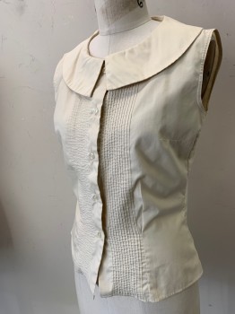 Womens, Blouse, DONNKENNY, Ecru, Polyester, Cotton, Solid, B:34, Sleeveless, Button Front, Large Rounded Collar, Pintucks at Front, Darts at Waist