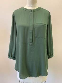 Womens, Blouse, NYDJ, Olive Green, Polyester, Solid, S, L/S, Button Front, Crew Neck, Chest Pocket, Pleated Back