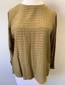 N/L, Ochre Brown-Yellow, Silk, Solid, Stripes - Horizontal , Self Horizontal Crinkled Stripe Texture, Long Sleeves, Pullover, Round Neck,  Folded Cuffs with Button,