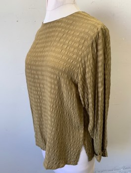 Womens, Top, N/L, Ochre Brown-Yellow, Silk, Solid, Stripes - Horizontal , B <40", L, Self Horizontal Crinkled Stripe Texture, Long Sleeves, Pullover, Round Neck,  Folded Cuffs with Button,