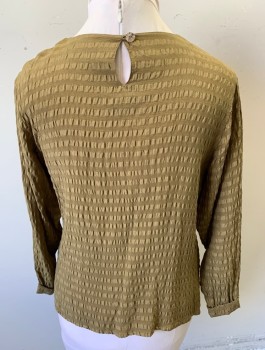 Womens, Top, N/L, Ochre Brown-Yellow, Silk, Solid, Stripes - Horizontal , B <40", L, Self Horizontal Crinkled Stripe Texture, Long Sleeves, Pullover, Round Neck,  Folded Cuffs with Button,