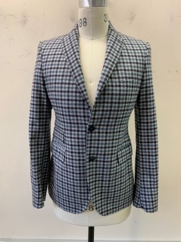 Mens, Sportcoat/Blazer, PINOLERARIO, Lt Gray, Slate Blue, Navy Blue, Wool, Gingham, 36, Notched Lapel, Single Breasted, Button Front, 2 Buttons, 3 Pockets