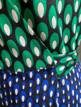 Womens, Dress, Sleeveless, DVF, Green, Blue, Black, Cream, Silk, Abstract , Sz.6, Knit Wrap Dress, Top Half is Green Pattern, Bottom is Blue, Self Ties at Waist, Knee Length