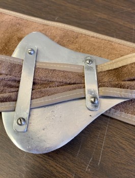 Womens, Belt, N/L, Taupe, Silver, Leather, Metallic/Metal, Solid, 3" Wide Taupe Leather That Gets Thinner at Ends, Oversized Silver Metal Chunky Buckle in Wavy Organic Shape,