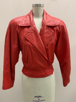 Womens, Leather Jacket, WILSONS, Red, Leather, Nylon, Solid, W27, B34, L/S, Crossover, Peaked Lapel, Side Pockets, Shoulder Pads