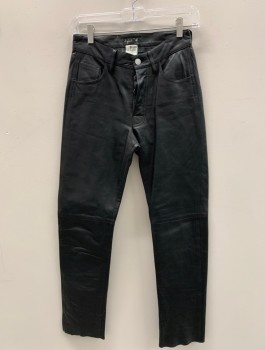Womens, Leather Pants, AGNES B, Black, Leather, Polyester, Solid, H:35, W:26, B.F., 5 Pckts, Belt Loops, Fully Lined