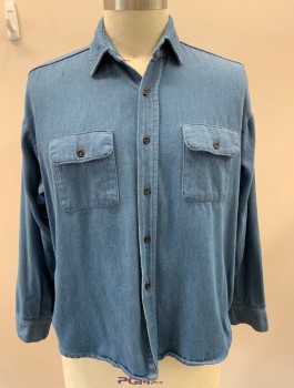 Mens, Shirt, FIVE BROTHERS, Cerulean Blue, Cotton, Solid, C:44, B.F., C.A., L/S, Aged/worn