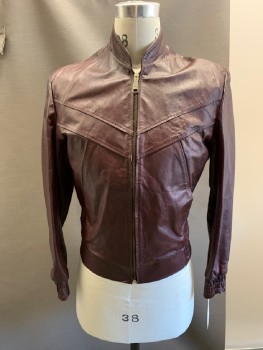 Mens, Leather Jacket, N/L, Red Burgundy, Leather, Solid, 38, Z/F, 2 Slant Pkts, Collar Band