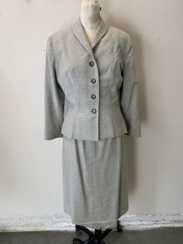 Womens, 1940s Vintage, Suit, Jacket, N/L, Lt Gray, Wool, Solid, Heathered, W25, B36, Shawl Collar, 4 Buttons, Slight Peplum Waist