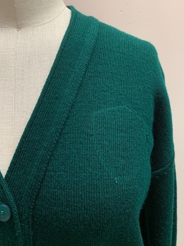 Childrens, Sweater, N/L, Dk Green, Wool, Solid, B36, V-N, Button Front, 2 Pockets, *Missing Patch*