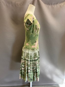 SIS ORIGINALS, Olive Green, Pink, Cream, Dk Green, Cotton, Splotches, Round Collar With Notched Neck, Cap Sleeve, Darts At CF, Pleated At Waist, CB Zipper