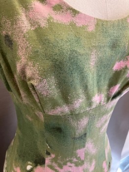 SIS ORIGINALS, Olive Green, Pink, Cream, Dk Green, Cotton, Splotches, Round Collar With Notched Neck, Cap Sleeve, Darts At CF, Pleated At Waist, CB Zipper